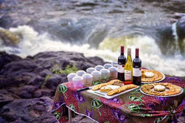 Wine and cheese set out overlooking Moemba Falls on Zambezi
