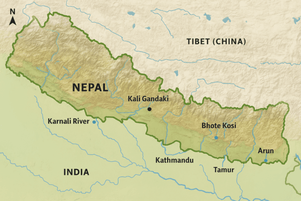 Topographic map of Nepal showing major whitewater rafting rivers including the Sun Kosi, Tamur, Bhote Kosi, Karnali, and Seti, along with key Himalayan landmarks and river confluences