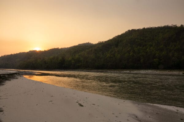 Sunset on a river beach in Nepal