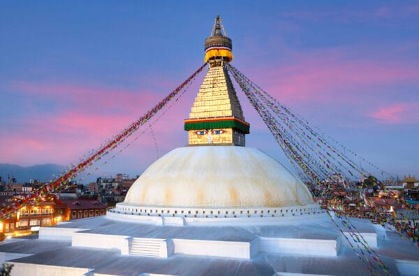 The historic Boudhanath Stupa in Kathmandu, a sacred Buddhist site and cultural landmark of Nepal.