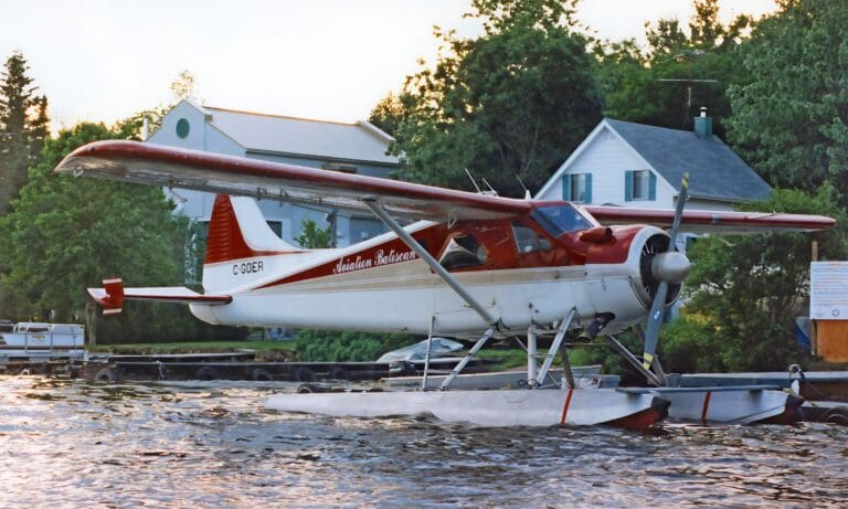Float plane on a remote Canadian river, accessing the Magpie River wilderness